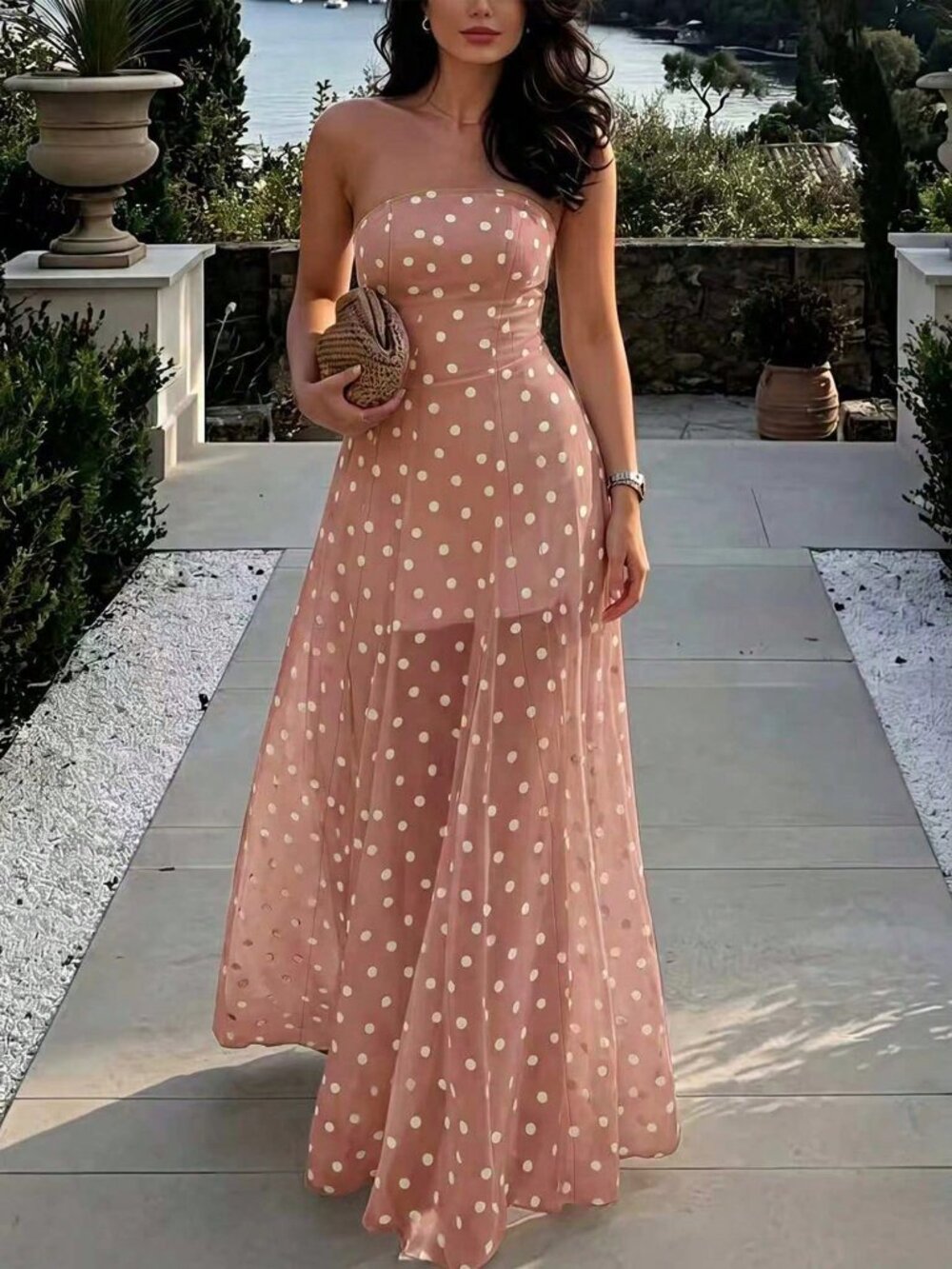 Baby Pink Casual Women's Polka Dot Bandeau Dress